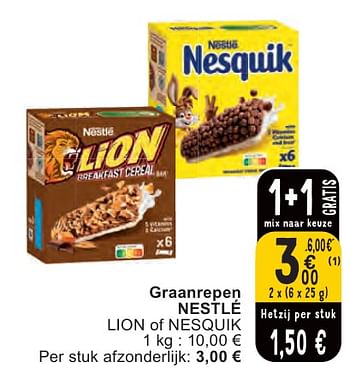 Promotions Graanrepen nestlé lion of nesquik - Nestlé - Valide de 07/05/2024 à 13/05/2024 chez Cora