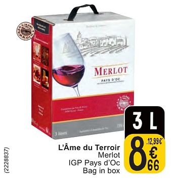 Promotions L’âme du terroir merlot igp pays d’oc - Vins rouges - Valide de 07/05/2024 à 13/05/2024 chez Cora