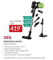 Promotions Aeg aspirateur-balai ea900402059 - AEG - Valide de 26/04/2024 à 31/05/2024 chez Selexion