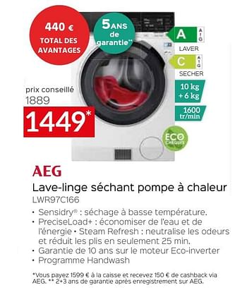 Promotions Aeg lave-linge séchant pompe à chaleur lwr97c166 - AEG - Valide de 26/04/2024 à 31/05/2024 chez Selexion