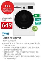 Promotions Beko machine à laver b5wt594189w - Beko - Valide de 26/04/2024 à 31/05/2024 chez Selexion