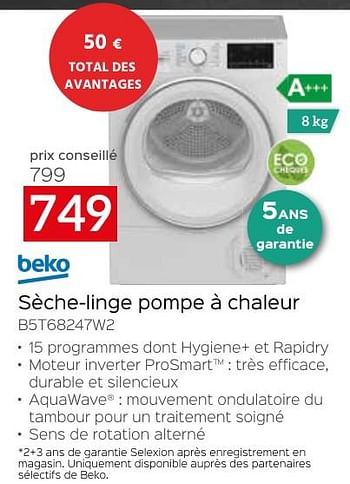 Promotions Beko sèche-linge pompe à chaleur b5t68247w2 - Beko - Valide de 26/04/2024 à 31/05/2024 chez Selexion