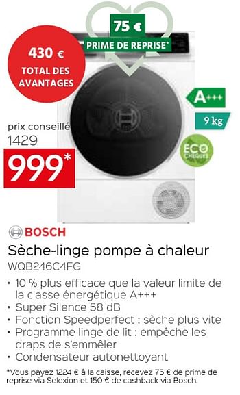 Promoties Bosch sèche-linge pompe à chaleur wqb246c4fg - Bosch - Geldig van 26/04/2024 tot 31/05/2024 bij Selexion