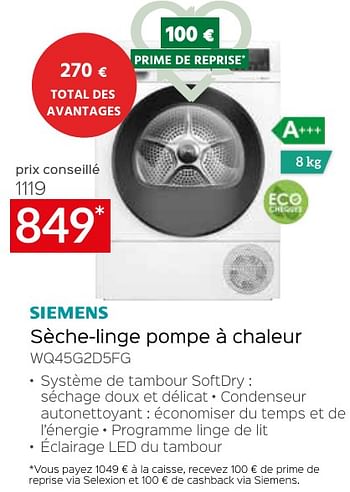 Promotions Siemens sèche-linge pompe à chaleur wq45g2d5fg - Siemens - Valide de 26/04/2024 à 31/05/2024 chez Selexion