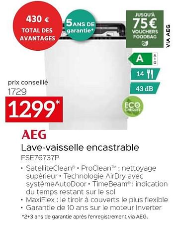 Promoties Aeg lave-vaisselle encastrable fse76737p - AEG - Geldig van 26/04/2024 tot 31/05/2024 bij Selexion