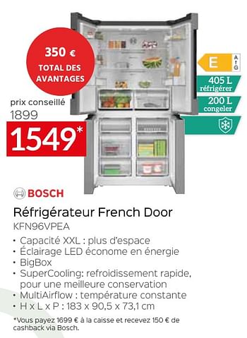 Promotions Bosch réfrigérateur french door kfn96vpea - Bosch - Valide de 26/04/2024 à 31/05/2024 chez Selexion