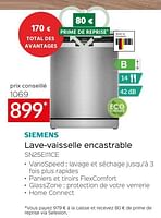Promotions Siemens lave-vaisselle encastrable sn25ei11ce - Siemens - Valide de 26/04/2024 à 31/05/2024 chez Selexion