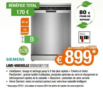 Promotions Siemens lave-vaisselle sssn25ei11ce - Siemens - Valide de 26/04/2024 à 31/05/2024 chez Expert