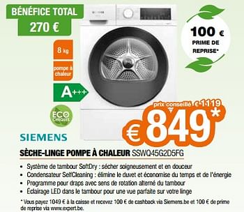 Promoties Siemens sèche-linge pompe à chaleur sswq45g2d5fg - Siemens - Geldig van 26/04/2024 tot 31/05/2024 bij Expert