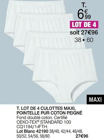 Promotions Lot de 4 culottes maxi, pointelle pur coton peigné - Produit Maison - Damart - Valide de 01/05/2024 à 30/06/2024 chez Damart
