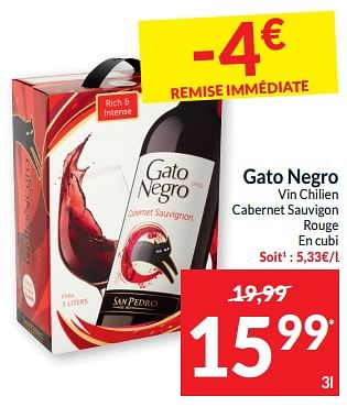 Promotions Gato negro vin chilien cabernet sauvigon rouge - Vins rouges - Valide de 07/05/2024 à 12/05/2024 chez Intermarche