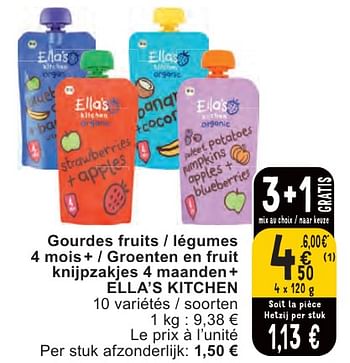 Promoties Gourdes fruits - légumes 4 mois + - groenten en fruit knijpzakjes 4 maanden + ella’s kitchen - Ella’s kitchen - Geldig van 07/05/2024 tot 13/05/2024 bij Cora