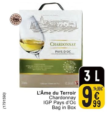 Promoties L’âme du terroir chardonnay igp pays d’oc - Witte wijnen - Geldig van 07/05/2024 tot 13/05/2024 bij Cora