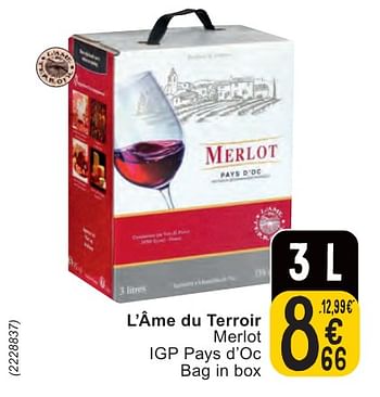 Promoties L’âme du terroir merlot igp pays d’oc - Rode wijnen - Geldig van 07/05/2024 tot 13/05/2024 bij Cora