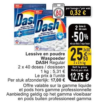 Promotions Lessive en poudre waspoeder dash regular - Dash - Valide de 07/05/2024 à 13/05/2024 chez Cora