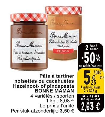 Promoties Pâte à tartiner noisettes ou cacahuètes hazelnoot- of pindapasta bonne maman - Bonne Maman - Geldig van 07/05/2024 tot 13/05/2024 bij Cora