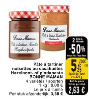 Promotions Pâte à tartiner noisettes ou cacahuètes hazelnoot- of pindapasta bonne maman - Bonne Maman - Valide de 07/05/2024 à 13/05/2024 chez Cora