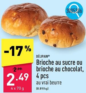 Promotions Brioche au sucre ou brioche au chocolat - Delipain - Valide de 13/05/2024 à 19/05/2024 chez Aldi
