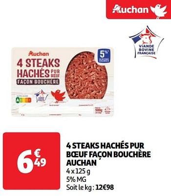 Promoties 4 steaks hachés pur boeuf façon bouchère auchan - Huismerk - Auchan - Geldig van 07/05/2024 tot 13/05/2024 bij Auchan