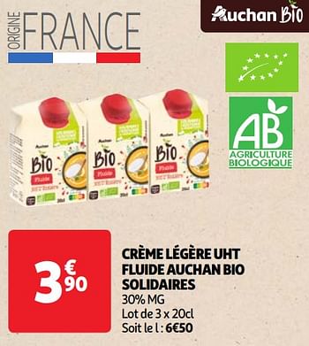 Promotions Crème légère uht fluide auchan bio solidaires - Produit Maison - Auchan Ronq - Valide de 07/05/2024 à 13/05/2024 chez Auchan Ronq