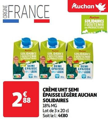 Promoties Crème uht semi épaisse légère auchan solidaires - Huismerk - Auchan - Geldig van 07/05/2024 tot 13/05/2024 bij Auchan