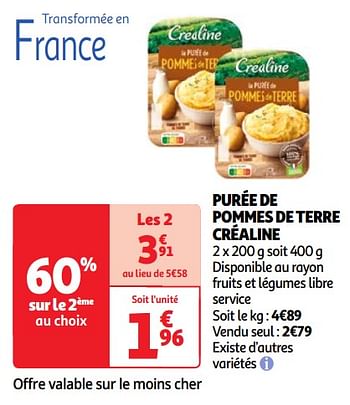 Promotions Purée de pommes de terre créaline - CREALINE - Valide de 07/05/2024 à 13/05/2024 chez Auchan Ronq