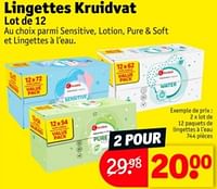 Promotions Lot de 12 paquets de lingettes à l’eau - Produit maison - Kruidvat - Valide de 07/05/2024 à 12/05/2024 chez Kruidvat