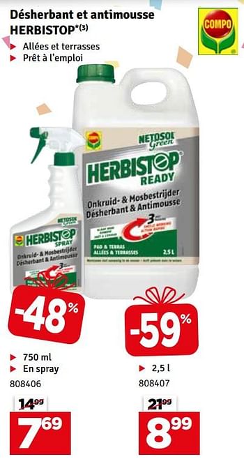 Promotions Désherbant et antimousse herbistop - Compo - Valide de 07/05/2024 à 16/05/2024 chez Mr. Bricolage