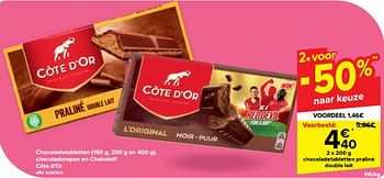 Promoties Chocoladetabletten praliné double lait - Cote D'Or - Geldig van 08/05/2024 tot 14/05/2024 bij Carrefour