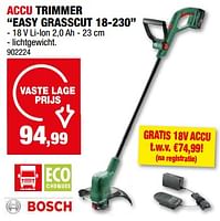 Promoties Bosch accu trimmer easy grasscut 18-230 - Bosch - Geldig van 08/05/2024 tot 19/05/2024 bij Hubo