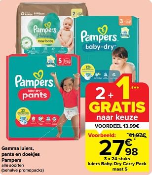 Promotions Luiers baby-dry carry pack maat 5 - Pampers - Valide de 08/05/2024 à 14/05/2024 chez Carrefour