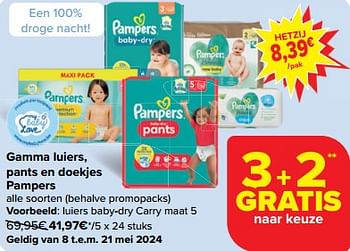 Promotions Luiers baby dry carry maat 5 - Pampers - Valide de 08/05/2024 à 21/05/2024 chez Carrefour