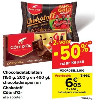 Promoties Tablet pure chocolade - Cote D'Or - Geldig van 08/05/2024 tot 21/05/2024 bij Carrefour