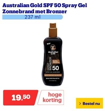 Promotions Australian gold spf 50 spray gel zonnebrand met bronzer - Australian Gold - Valide de 06/05/2024 à 12/05/2024 chez Bol.com