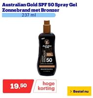 Promoties Australian gold spf 50 spray gel zonnebrand met bronzer - Australian Gold - Geldig van 06/05/2024 tot 12/05/2024 bij Bol.com