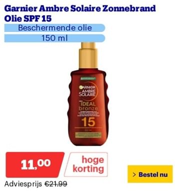 Promoties Garnier ambre solaire zonnebrand olie spf 15 beschermende olie - Garnier - Geldig van 06/05/2024 tot 12/05/2024 bij Bol.com
