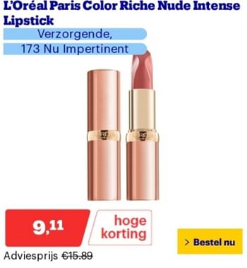 Promotions L`oreal paris color riche nude intense lipstick verzorgende 173 nu impertinent - L'Oreal Paris - Valide de 06/05/2024 à 12/05/2024 chez Bol.com