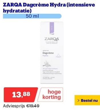 Promoties Zarqa dagcréme hydra intensieve hydratatie - Zarqa - Geldig van 06/05/2024 tot 12/05/2024 bij Bol.com