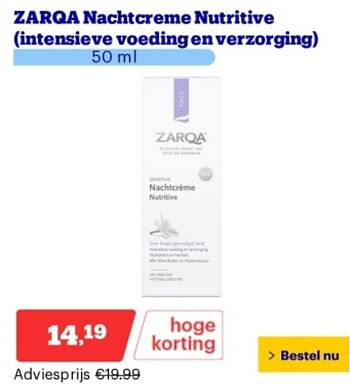 Promoties Zarqa nachtcreme nutritive intensieve voeding en verzorging - Zarqa - Geldig van 06/05/2024 tot 12/05/2024 bij Bol.com