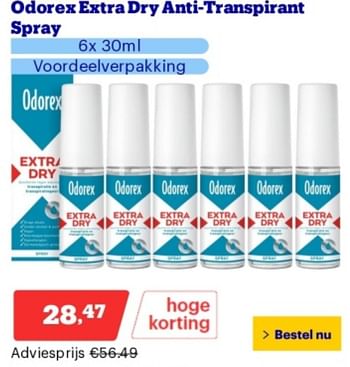 Promoties Odorex extra dry anti transpirant spray - Odorex - Geldig van 06/05/2024 tot 12/05/2024 bij Bol.com