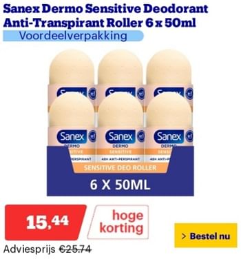 Promoties Sanex dermo sensitive deodorant anti transpirant roller - Sanex - Geldig van 06/05/2024 tot 12/05/2024 bij Bol.com