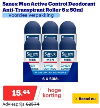 Promoties Sanex men active control deodorant anti transpirant roller - Sanex - Geldig van 06/05/2024 tot 12/05/2024 bij Bol.com