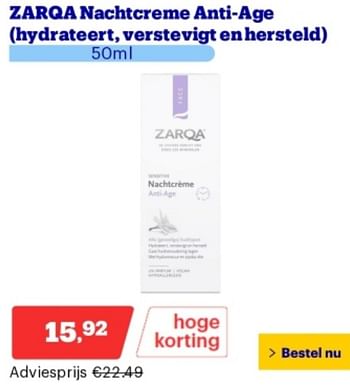 Promoties Zarqa nachtcreme anti age hydrateert verstevigt en hersteld - Zarqa - Geldig van 06/05/2024 tot 12/05/2024 bij Bol.com