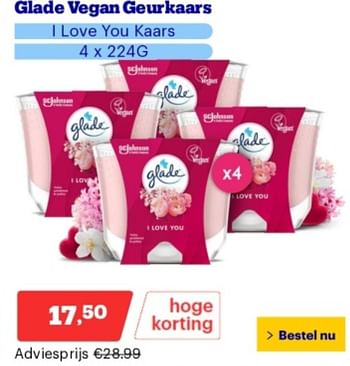 Promoties Glade vegan geurkaars love you kaars - Glade - Geldig van 06/05/2024 tot 12/05/2024 bij Bol.com
