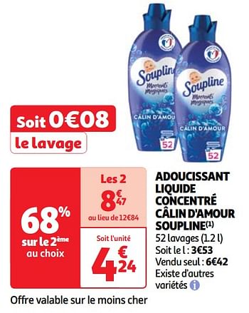Promoties Adoucissant liquide concentré câlin d`amour soupline - Soupline - Geldig van 07/05/2024 tot 13/05/2024 bij Auchan