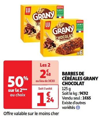 Promotions Barres de céréales grany chocolat - Lu - Valide de 07/05/2024 à 13/05/2024 chez Auchan Ronq