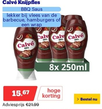 Promotions Calve knijpfies bbq saus lekker bij viees van de barbecue hamburgers of een wrap - Calve - Valide de 06/05/2024 à 12/05/2024 chez Bol.com