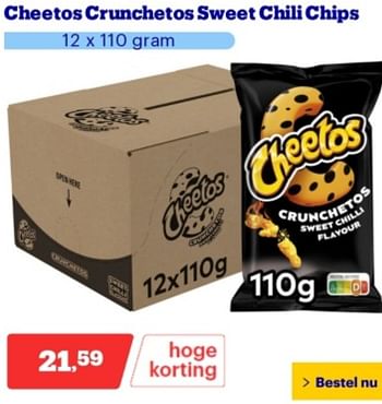 Promoties Cheetos crunchetos sweet chili chips - Cheetos  - Geldig van 06/05/2024 tot 12/05/2024 bij Bol.com