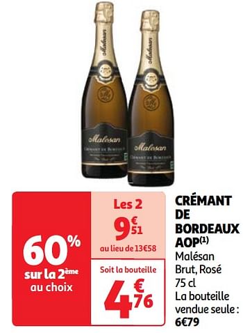 Promotions Crémant de bordeaux aop malésan brut, rosé - Mousseux - Valide de 07/05/2024 à 13/05/2024 chez Auchan Ronq