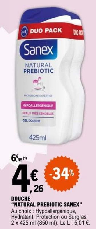Promoties Douche atural prebiotic sanex - Sanex - Geldig van 07/05/2024 tot 18/05/2024 bij E.Leclerc